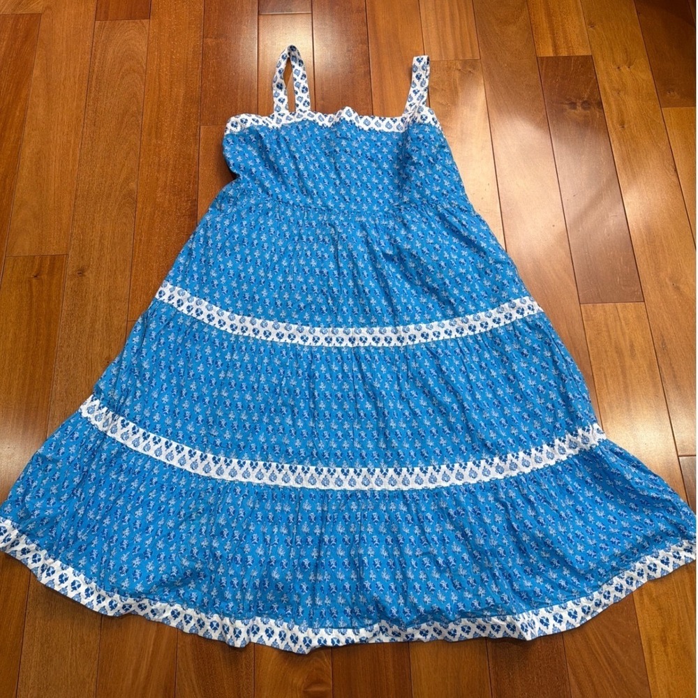 NWT J Crew Blue White Print Smocked Tiered Midi Dress Size 20 - Picture 2 of 12